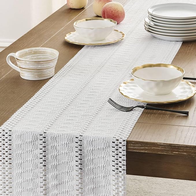 Macrame Style Boho Table Runner, 12x48 Inch White | Woven Boho Table Runner - Image 5
