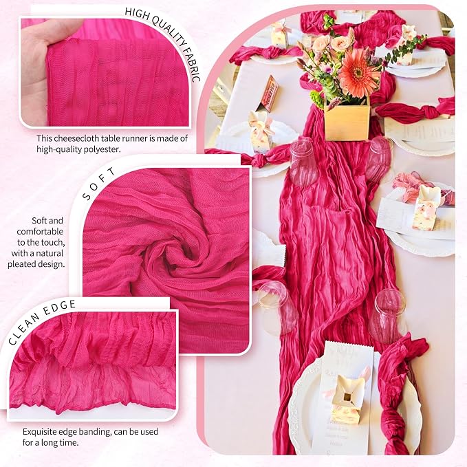 30 Pack Cheesecloth Table Runner 10FT Hot Pink Table Runner Boho Gauze Cheese - Image 3