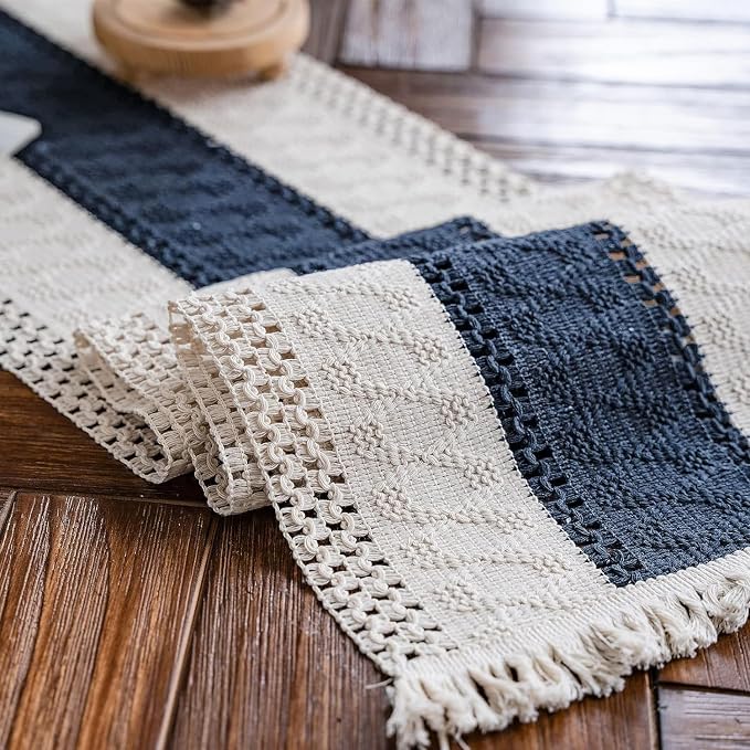 Macrame Table Runne Beige and Blue Boho Table Runners by AlynsehomCreateaBetterLife