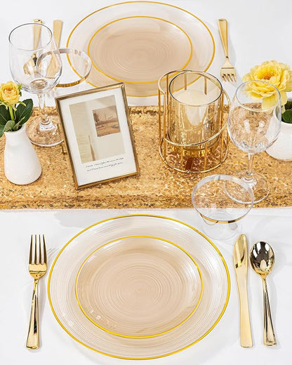 Morejoy 60Pcs Brown Plastic Plates,Brown Disposable Plates With Gold Rim, Gold Party Dinnerware Set Include 30 Dessert plates,30 Dinner plates for Party,Thanksgiving