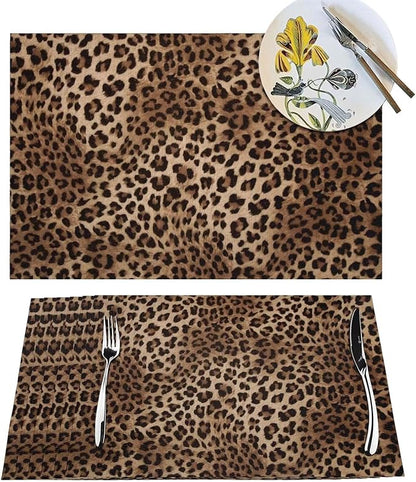 Brown Leopard Placemats Set of 4 Black Cheetah Skin Wild Animal Print Wipeable Table Mats Reusable Washable PVC Rectangle Place Mats for Kitchen Dining Home Decor 12x18 Inches