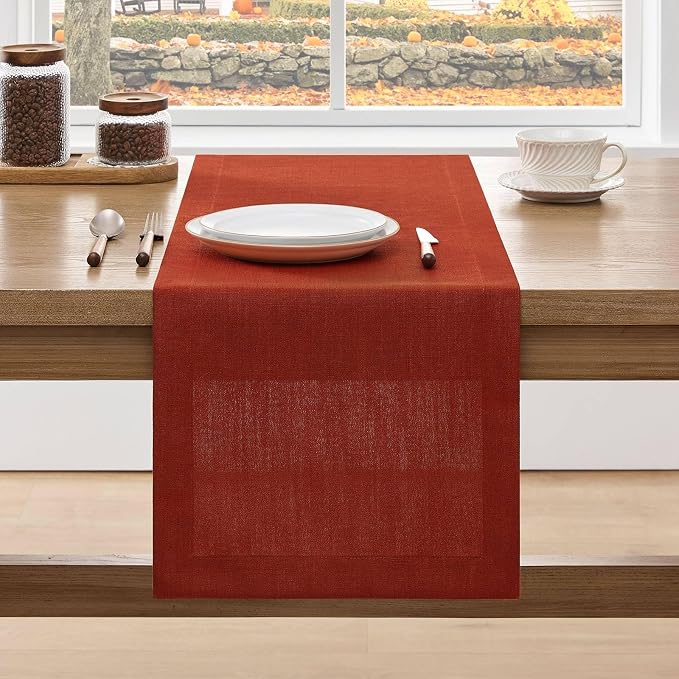 Linen Textured Border Table Runner, 14 x 72 Inch Orange | Mitered Corner Design by ZEEMARTONLINE