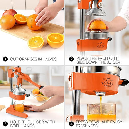 Zulay Kitchen Cast Iron Juicer - Easy-to-Clean Heavy-Duty Manual Juicer, Professional Citrus Juicer - Stainless Steel Lemon Squeezer - Manual Citrus Press & Orange Squeezer - Orange Juicer (Orange)