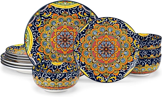vancasso 12 Pieces Dinnerware Sets, Dark Green Plates and Bowls Set, Porcelain by vancasso