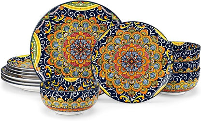 vancasso 12 Pieces Dinnerware Sets, Dark Green Plates and Bowls Set, Porcelain by vancasso