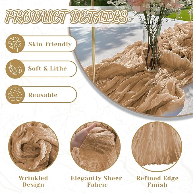 2 Pack Cheesecloth Table Runner, 120 Inch Nude Brown Table Runner - Image 4