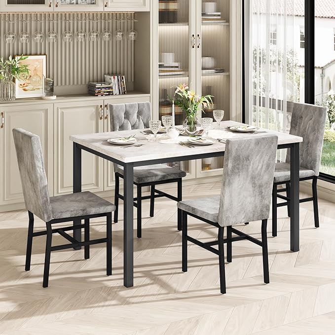 Hooseng Dining Table Set for 4, Faux Marble Small Kitchen Table Chairs Set of 4 with Luxurious Button Tufted Dinner Chairs for Kitchen and Dining (Beige)