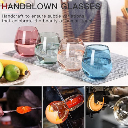 Colored Stemless Wine Glasses Set of 6-15 oz -【Hand-Blown】 Colored Drinking Glasses, European Design Crystal Glass For Red & White Wine, Unique Gifts for Wedding, Birthday(Multicolor)