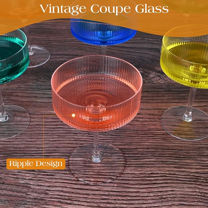 LUXULISH Ribbed Coupe Glasses Set of 6, Crystal Handmade Vintage Martini & - Image 3