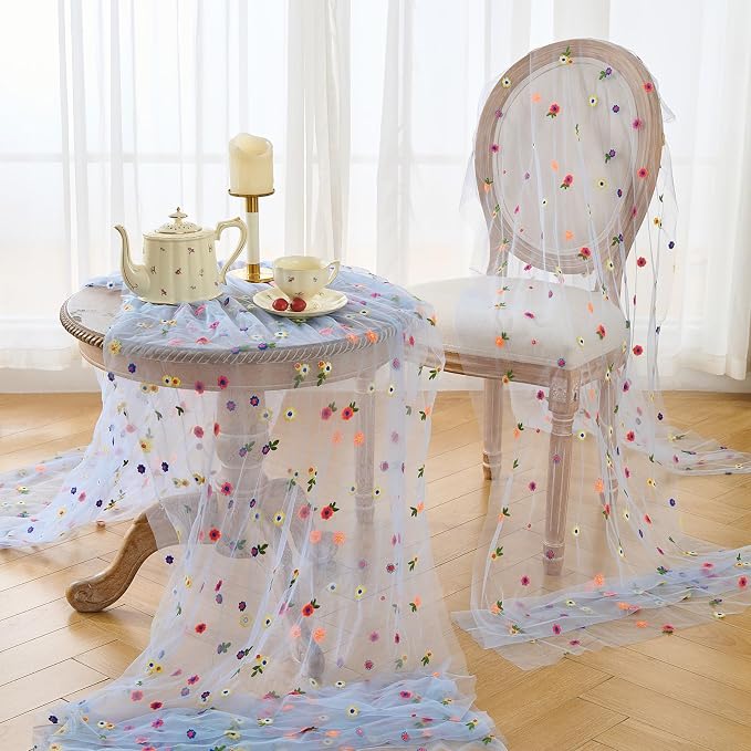 BINBE 1pcs Daisy Spring Table Runner Embroidery Gauze 10FT Florals Seasonal - Image 5