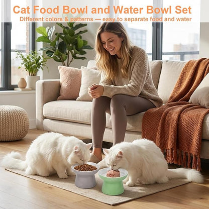 Elevated Cat Bowls,2 Pcs Ceramic Raised Cat Food Bowls with Non-Slip Base,Whisker-Friendly Shallow Design,Lead & Cadmium Free Pet Feeder,Dishwasher and Microwave Safe (Green&Light-Grey)