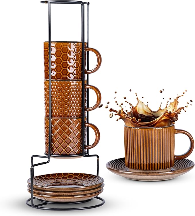 GBhome 6 OZ Stackable Coffee Mugs Set of 4, Ceramic Espresso Coffee Cups | by GBhome