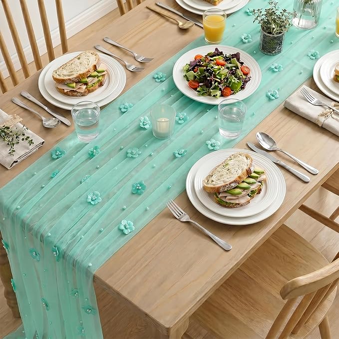 Artoid Mode Turquoise Flower Pearl Gauze Table Runner 10FT, Seasonal Sheer - Image 7