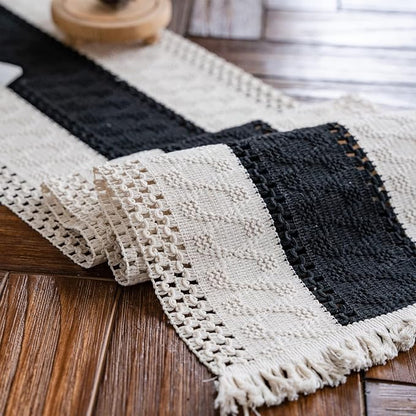 Macrame Table Runne Beige and Black Boho Table Runners by AlynsehomCreateaBetterLife