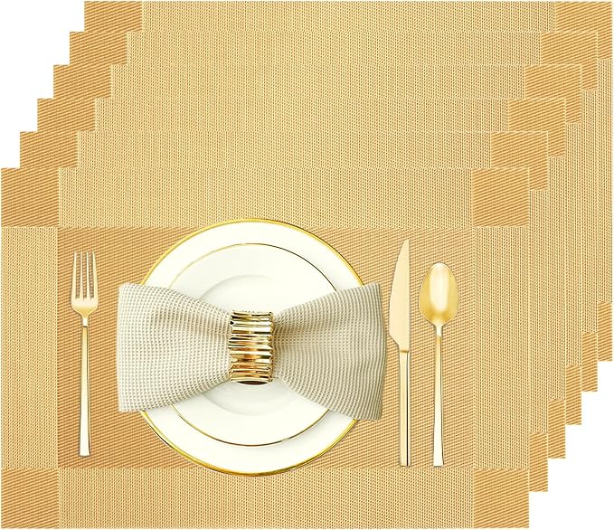 Gold Vinyl Placemats Set of 6, Heat Resistant Table Placemats | 18x12 inch by Uolr