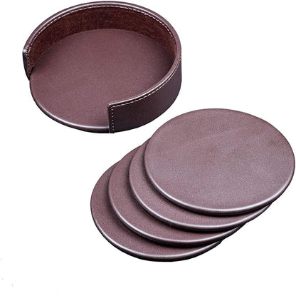 Dacasso Chocolate Brown Leather 4-Round Coaster Set by Dacasso