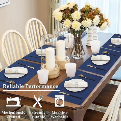Cloth Placemats Set of 4, Cotton Linen Blend Machine Washable Double Layered Place Mats, Heat Resistant Placemats Wrinkle Free Thick Fabric Dining Table Mats for Indoors & Outdoors (Navy Blue, 4)