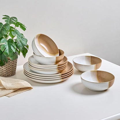 Sango 12 Pieces Stoneware Dinnerware Set, Glossy Caramel & Cream Dishes - Image 3