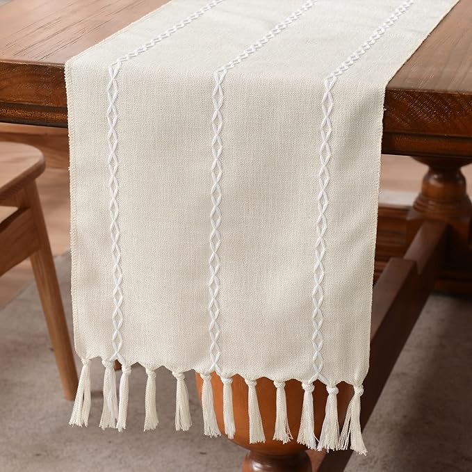 Wracra Rustic Linen Table Runner, Ivory Table Runners 90 inches Long | Raised by Wracra