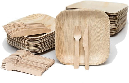 Bamboo Plates with Cutlery - Set of 50 Plates (8in) + 50 Forks + 50 Knives | Biodegradable Palm Leaf Plates | Disposable Dinner Plates | Rustic Dinnerware for Christmas, Wedding, Party