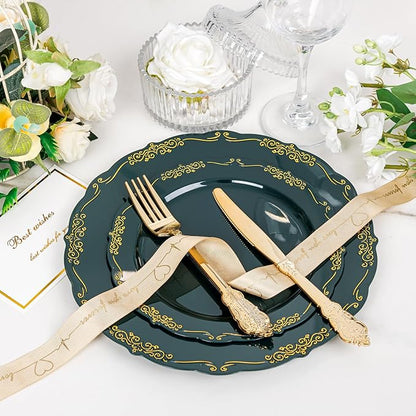 DaYammi 150Pcs Green Plastic Plates with Gold Silverware,Green Disposable Plates for Party include 30 Dinner Plate,30 Dessert Plate,90 Gold Plastic Cutlery,green gold plate for St. Patrick's Day Party