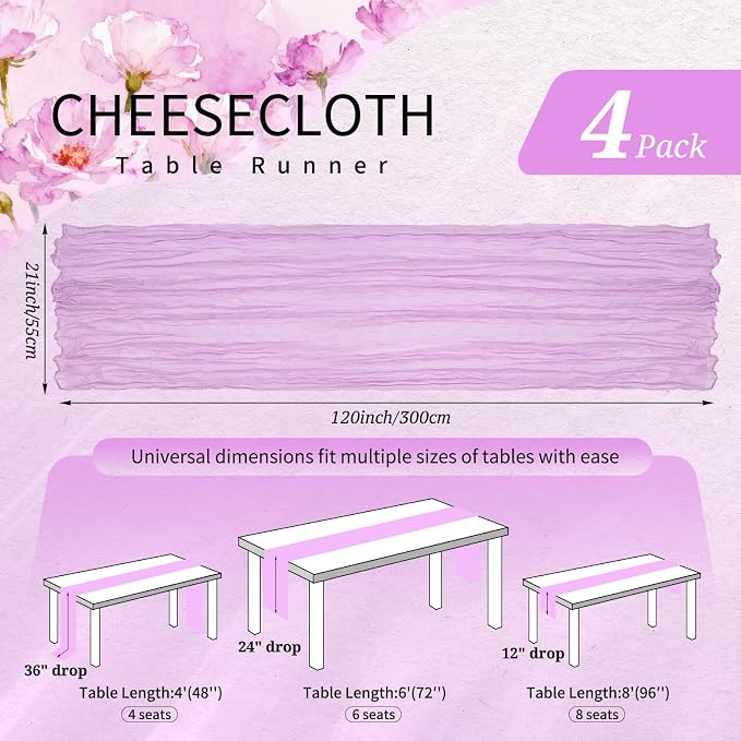 4 Pack Cheesecloth Table Runner 10FT Lilac Purple Table Runner Lavender Boho - Image 2