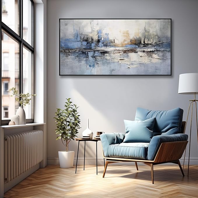 Abstract Wall Art Wall Decor Blue and Gray White Modern Canvas Art Print Abstract Artwork Framed Pictures for Living Room Bedroom Bathroom Office Home Decor Can Be Hung Directly 20"x 40"