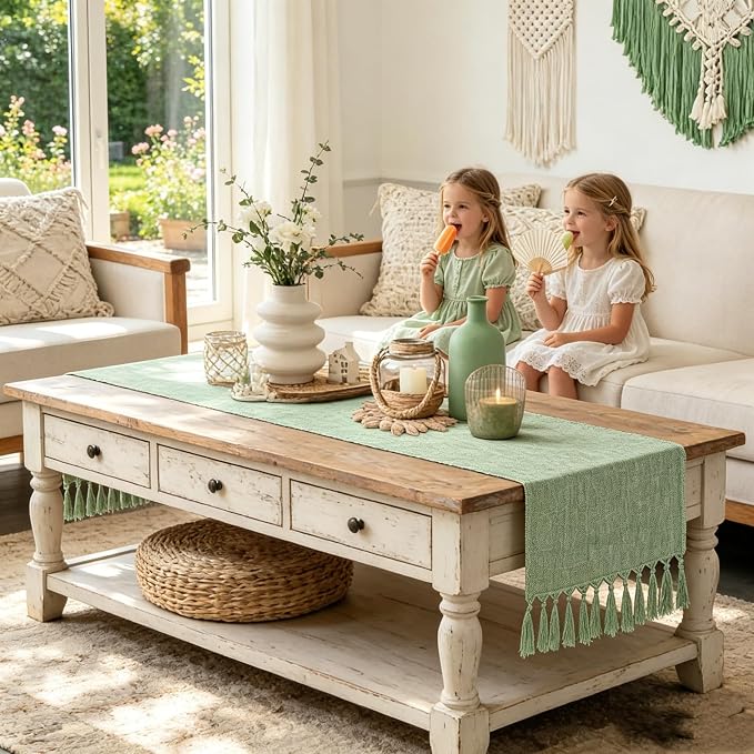 Sage Green Table Runner 13 x 72 Inch, Boho Woven Table Runner - Image 9