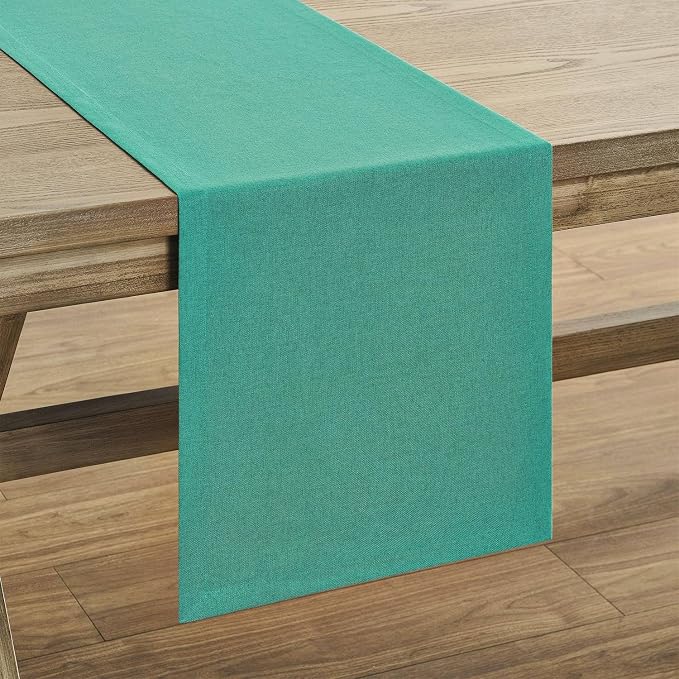 Basic Linen Style Table Runner, 14x60 Inch Teal | Mitered Corner Design - Image 7