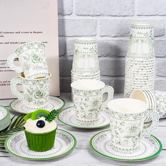 Whaline 80 Pcs Green White Floral Paper Tea Cups and Saucers Porcelain - Image 4