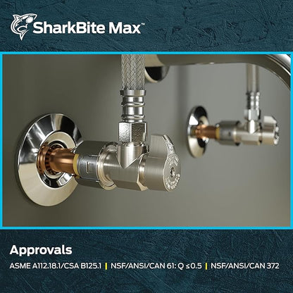 SharkBite Max 1/2 x 3/8 Inch Compression Angle Stop Valve, Quarter Turn, Push to Connect Brass Plumbing Fitting, Brushed Nickel Finish, PEX Pipe, Copper, CPVC, PE-RT, HDPE, UR23036BN
