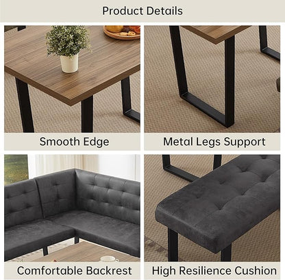 3-Piece Corner Dining Table Set with Bench, 70 Inch Space-Saving Breakfast Nook for Kitchen & Dining Room(Walnut Table & L-Seat Grey Bench)