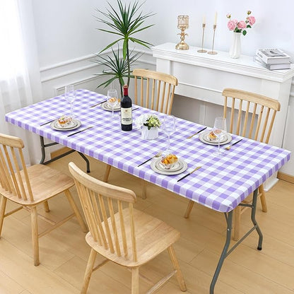 Smiry Rectangle Picnic Table Cloth, Elastic Waterproof Fitted Vinyl Tablecloths, Flannel Backed Buffalo Plaid Table Covers for Dining, Camping, Outdoor (White and Purple, 30" x 60")