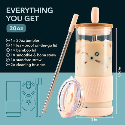 Pandaloo® Glass Cups With Lids and Straws -20 Fl Oz- Perfect Size Iced Coffee - Image 2