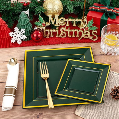 Liacere 100PCS Green and Gold Square Plastic Plates-50PCS Heavy Duty 9.5inch Disposable Dinner Plates and 50PCS 6inch Green Dessert Plate - Gold Plastic Plate for Party&Wedding&Christmas