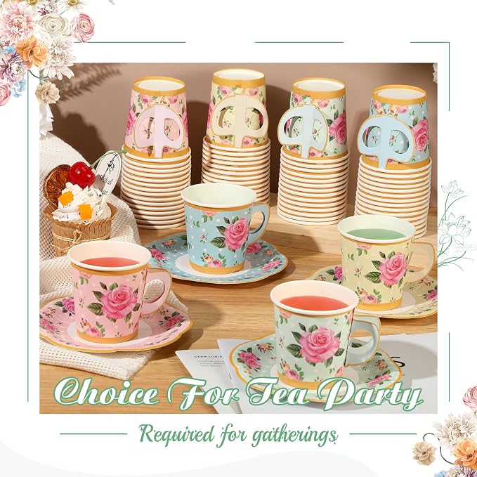 Umigy 60 Sets Floral Tea Party Decorations 6.5 oz Floral Paper Teacups & Saucer - Image 6