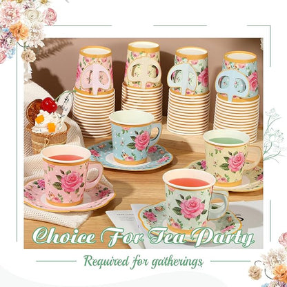 Umigy 60 Sets Floral Tea Party Decorations 6.5 oz Floral Paper Teacups & Saucer - Image 6