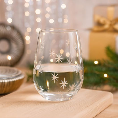 SHOSHIN Stemless Wine Glasses Set of 4 – 18oz Hand-Cut Lead-Free Crystal with Exquisite Star Pattern, Dishwasher Safe, Perfect for Parties and Weddings