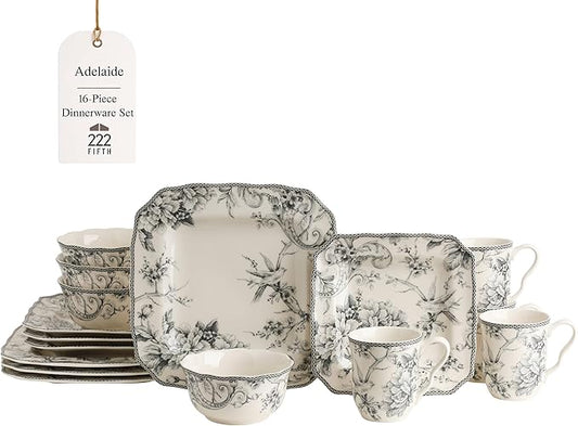 222 Fifth Adelaide 16-Piece Square Floral Dinnerware Set – Service for 4, Grey & White Porcelain Plates & Bowls, for Everyday Dining & Entertainment, Microwave & Dishwasher Safe, Chip Resistant