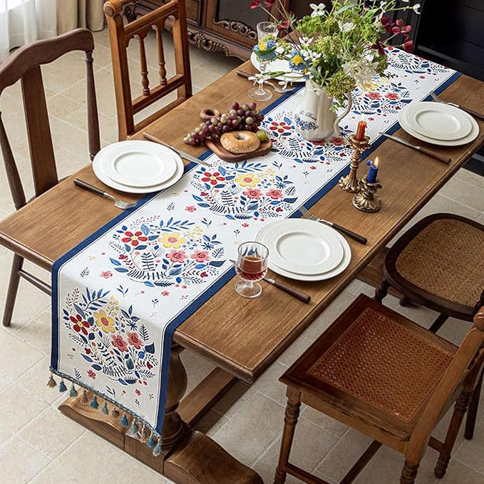 Floral Table Runner with Tassel Edges, Cotton Blend Decorative Runner - Image 3