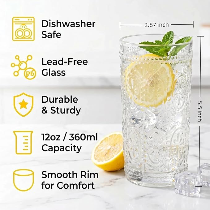 Bekith 6 Pack Romantic Drinking Glasses, 12 oz Highball Glasses, Thick Water - Image 2
