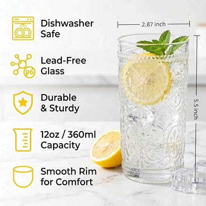 Bekith 6 Pack Romantic Drinking Glasses, 12 oz Highball Glasses, Thick Water - Image 2