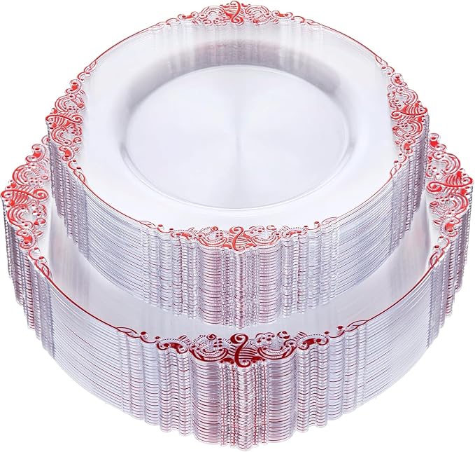 Nervure 100Pcs Clear Red Plastic Plates, Party Plates Set by Nervure