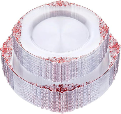 Nervure 100Pcs Clear Red Plastic Plates, Party Plates Set by Nervure