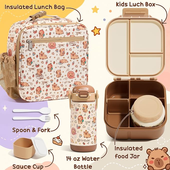 Fimibuke Kids Bento Lunch Box w/Insulated Water Bottle, Lunch Bag & Thermo | - Image 9