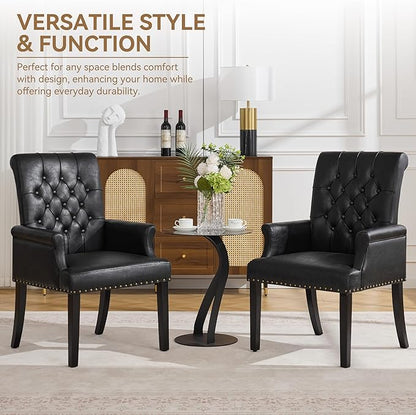 PU Leather Dining Chair with Arms, Upholstered Tufted High Back Dining Room Chairs, Accent Armchair with Solid Wood Leg and Nailhead Trim, Kitchen Dining Living Room, Black