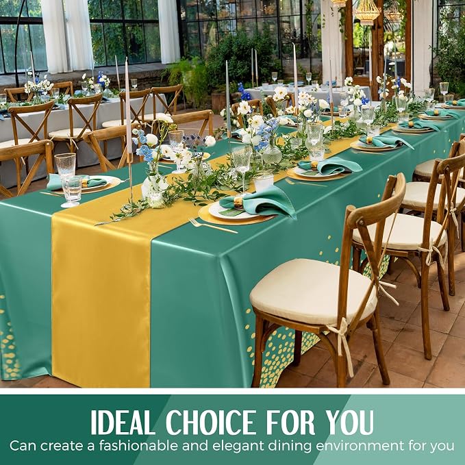 8 Pack Green and Gold Disposable Plastic Tablecloths and Satin Table Runner Set - Image 6