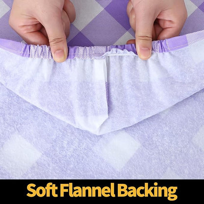 Smiry Rectangle Picnic Table Cloth, Elastic Waterproof Fitted Vinyl Tablecloths, Flannel Backed Buffalo Plaid Table Covers for Dining, Camping, Outdoor (White and Purple, 30" x 48")