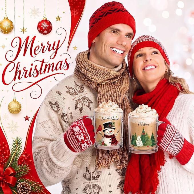 Tioncy 4 Pcs Christmas Glass Coffee Mugs 12 oz | Reindeer Snowman Tree Designs - Image 4