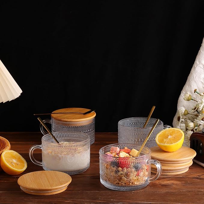 Vintage Glass Mugs 2pcs Overnight Oats Cups Embossed Tea Cups Coffee Mugs | - Image 7